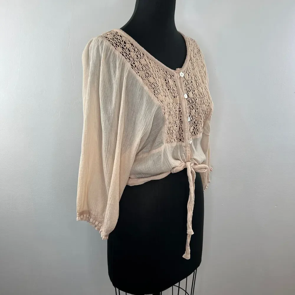FREE PEOPLE Beige Crochet Lace Button-Up Long Sleeve Blouse Tie Hem Boho Sheer M